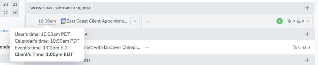 Apptoto will show your timezone as well as your client's timezone on the Appointment page if they are different
